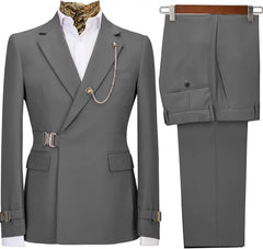Men's slim fit tuxedo suit with metal clasp, stylish business casual 2-piece suit by Showlu Fashion Store, shown on a hanger.