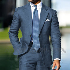 Blue Linen Single Breasted Men Suit Two Pieces(Jacket+Pants) Outfits Casual Party Prom Wedding Set