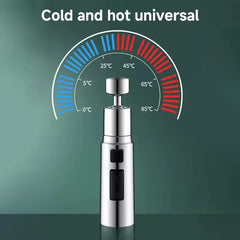 A metal faucet extender with a swivel head and two black buttons for mode selection.