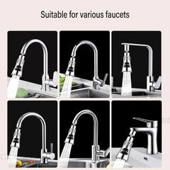 A silver universal kitchen faucet extender with a filter aerator shown on six different faucets.
