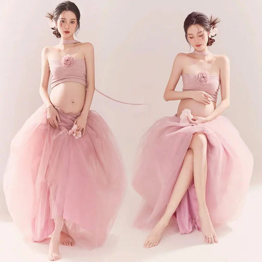 Maternity Photo Shoot Outfit Pink Sweet Tupe Top with Mesh Tutu Long Skirt 2pcs for Pregnant Women Studio Photography Shooting