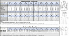 A size chart for a three-piece men's suit showing product and body measurements in centimeters.