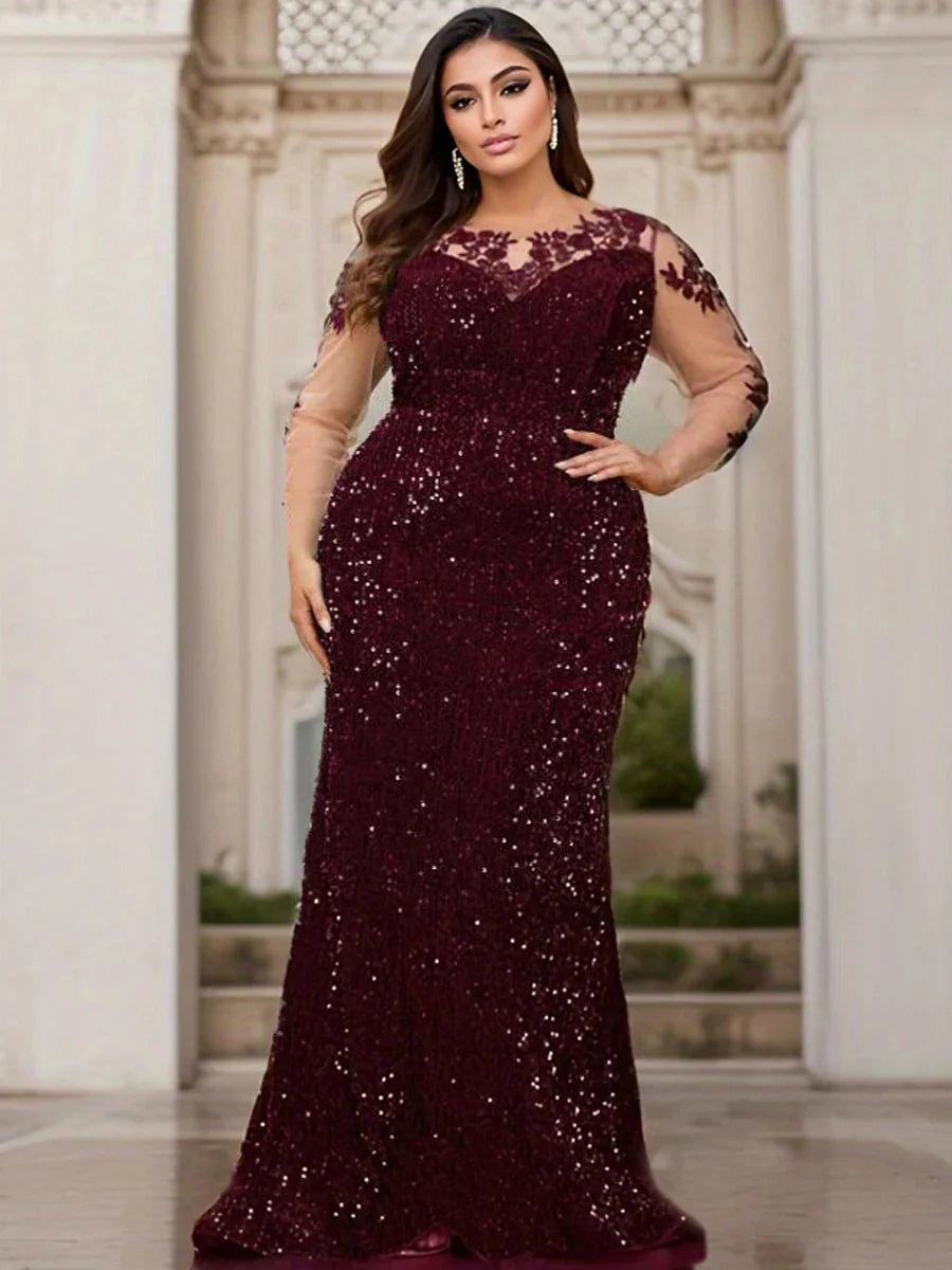 Curve Evening Party Long Dress Lace Patchwork Sequined Velvet Full Sleeved Hollow Out Maxi Prom Gown for Women SHOWLU FASHION STORE