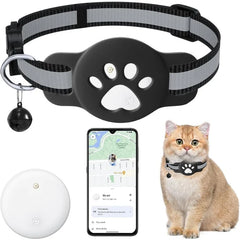 A cat collar with a paw-shaped Bluetooth tracker, a smartphone app interface, and a round tag.