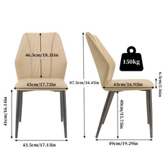 A beige upholstered dining chair shown from front and side views with dimension labels.