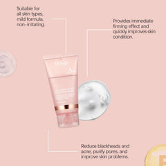 A tube of Hoygi collagen night wrapping mask surrounded by clear gel droplets on a pink background.
