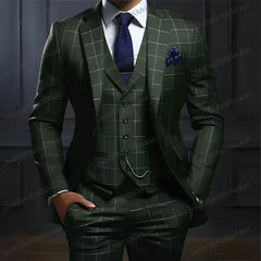New Plaid Navy Blue Men Suit Groom Groomsman Wedding Party Formal Business Prom Male Tuxedos 3 Piece Set Blazer Vest Pants
