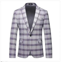 A single-breasted men's blazer in a light grey plaid pattern with a notched lapel.