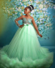 Elegant Green Pageant Dresses Customized Bead Long Sleeves Children Birthday Gowns Puffy Tiered Ruffles Girls Photoshoot Dresses