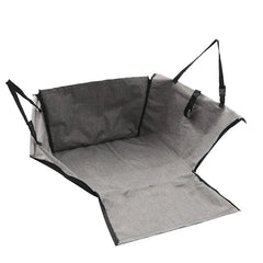 A grey polyester pet car seat cover with adjustable straps and a protective hammock design.
