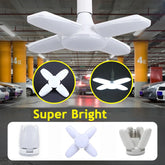 An adjustable LED ceiling lamp with four foldable fan-shaped blades and an E27 base.