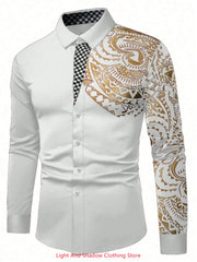 New men's fashionable business casual long sleeved shirt, classic printed collar, social party comfortable men's clothing