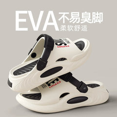 A pair of white and black EVA sandals with thick soles and adjustable straps stacked on a grey background.