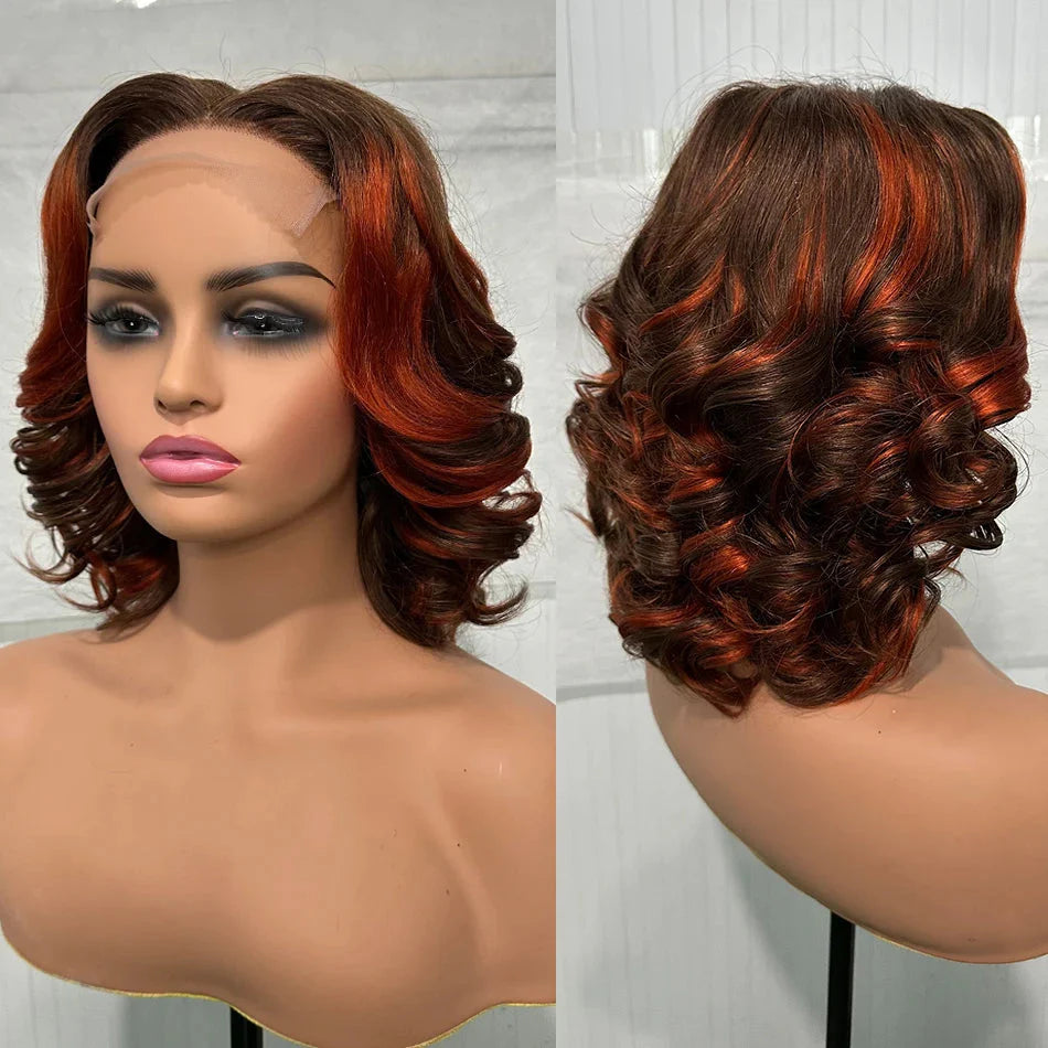 100% Malaysia Hair 250 Density Double Drawn P4 27 Ombre Highlight Bouncy Wave Wear and Go 5x5 Glueless Human Hair Bob Curly Wigs SHOWLU FASHION STORE