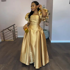 Puff Sleeve Elegant Dress for Women's Square Collar Gold Solid Pleated A-line Evening Party Cocktail Long Dresses