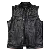 A black faux leather motorcycle vest for men featuring a stand collar, zipper, and snap buttons.