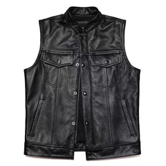 A black faux leather motorcycle vest for men featuring a stand collar, zipper, and snap buttons.