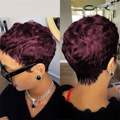 Showlu Fashion 6-inch short pixie cut straight wig with pre-styled bangs, 100% human hair, machine-made, tangle-free, natural hairline