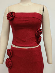 Women Summer Two Piece Set Gorgeous Red Strapless Corset - style Crop Top and Maxi Skirt Set With Rose Party Evening Prom Dress