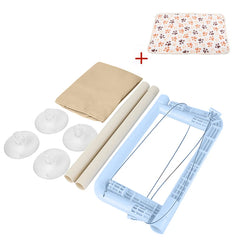 A disassembled cat window hammock kit with suction cups, support poles, fabric, and a paw-print mat.