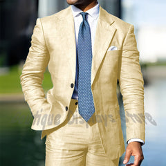 Blue Linen Single Breasted Men Suit Two Pieces(Jacket+Pants) Outfits Casual Party Prom Wedding Set