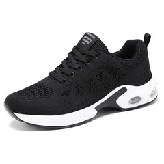 Women Casual Mesh Fabric Shoes Air-cushion Elastic Lace Up Sneakers Flat Breathable Lightweight Soft-Soled Antislip Jogging Shoe
