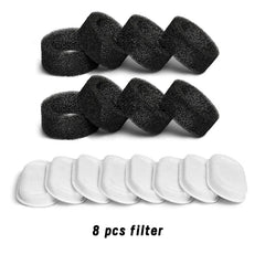 A set of eight replacement filters for a pet water fountain, including foam and white filters.