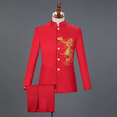 A red two-piece men's suit featuring a stand-collar blazer with gold dragon embroidery.