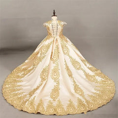 JDY Custom Girls' Sleeveless Ball Gown with Intricate Gold Lace Embroidery & Long Train - Elegant Princess Dress for Special Occ