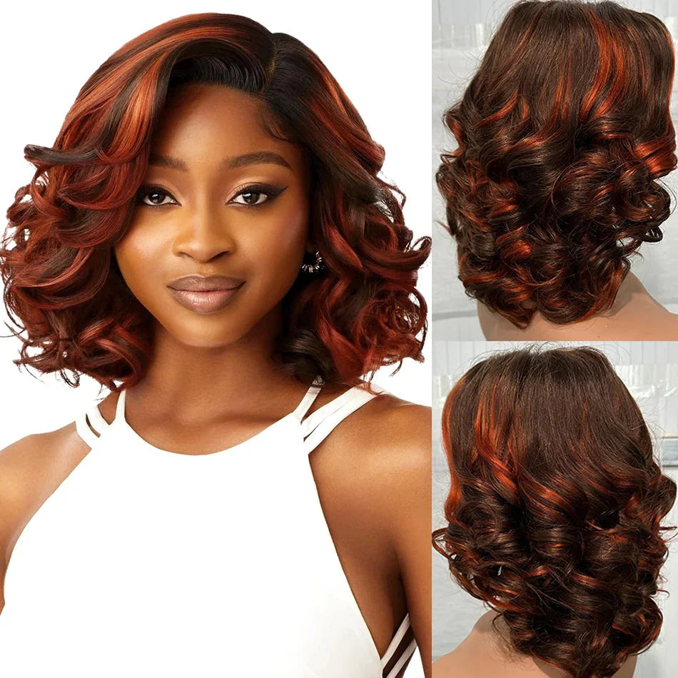 100% Malaysia Hair 250 Density Double Drawn P4 27 Ombre Highlight Bouncy Wave Wear and Go 5x5 Glueless Human Hair Bob Curly Wigs SHOWLU FASHION STORE