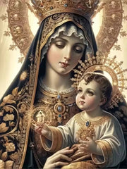 A diamond painting kit featuring a detailed portrait of the Virgin Mary holding baby Jesus.