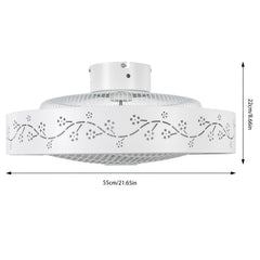 A white flush mount ceiling fan with a decorative floral cutout pattern and dimensions.
