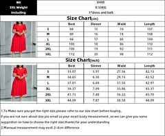 A size chart for a red V-neck A-line dress with short sleeves and a belt.