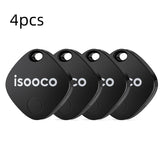Four black square smart key finders with rounded corners and a hole for a keychain.