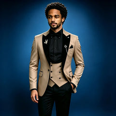 Beige Formal Men Suit 3 Pieces Tuxedos Peaked Lapel Groomsmen Wedding Suits Set Fashion Male Party Business Blazer Pants Vest