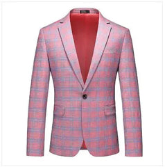 A single-breasted men's blazer in a pink and blue plaid pattern with a notched lapel.