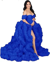 Sexy deep V-neck tulle maternity dress with lace hollow details, long sleeves, and feather accents for photo shoots.