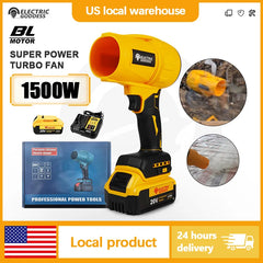 A yellow cordless brushless turbo blower with a 20V battery and charger.