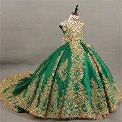 JDY Custom Girls' Sleeveless Ball Gown with Intricate Gold Lace Embroidery & Long Train - Elegant Princess Dress for Special Occ