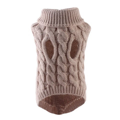 A beige cable-knit sweater for small to medium pets with a high turtleneck collar.