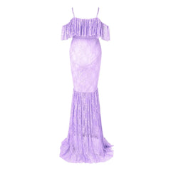 A lavender lace maternity maxi dress with a ruffled off-the-shoulder neckline and spaghetti straps.