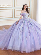 A lavender off-the-shoulder ball gown featuring 3D floral appliqués and a glittery tulle skirt.