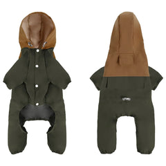 A two-piece view of a green and brown hooded dog raincoat with four legs and snap button closures.
