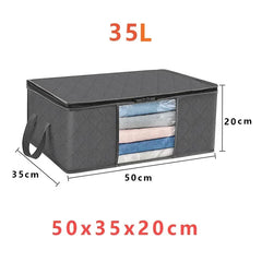 A grey foldable storage box with a clear window and handles, measuring 50 by 35 by 20 centimeters.