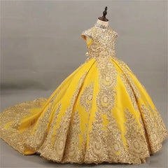 JDY Custom Girls' Sleeveless Ball Gown with Intricate Gold Lace Embroidery & Long Train - Elegant Princess Dress for Special Occ