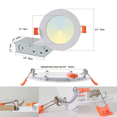 A white LED recessed downlight with a junction box and spring-loaded mounting clips.