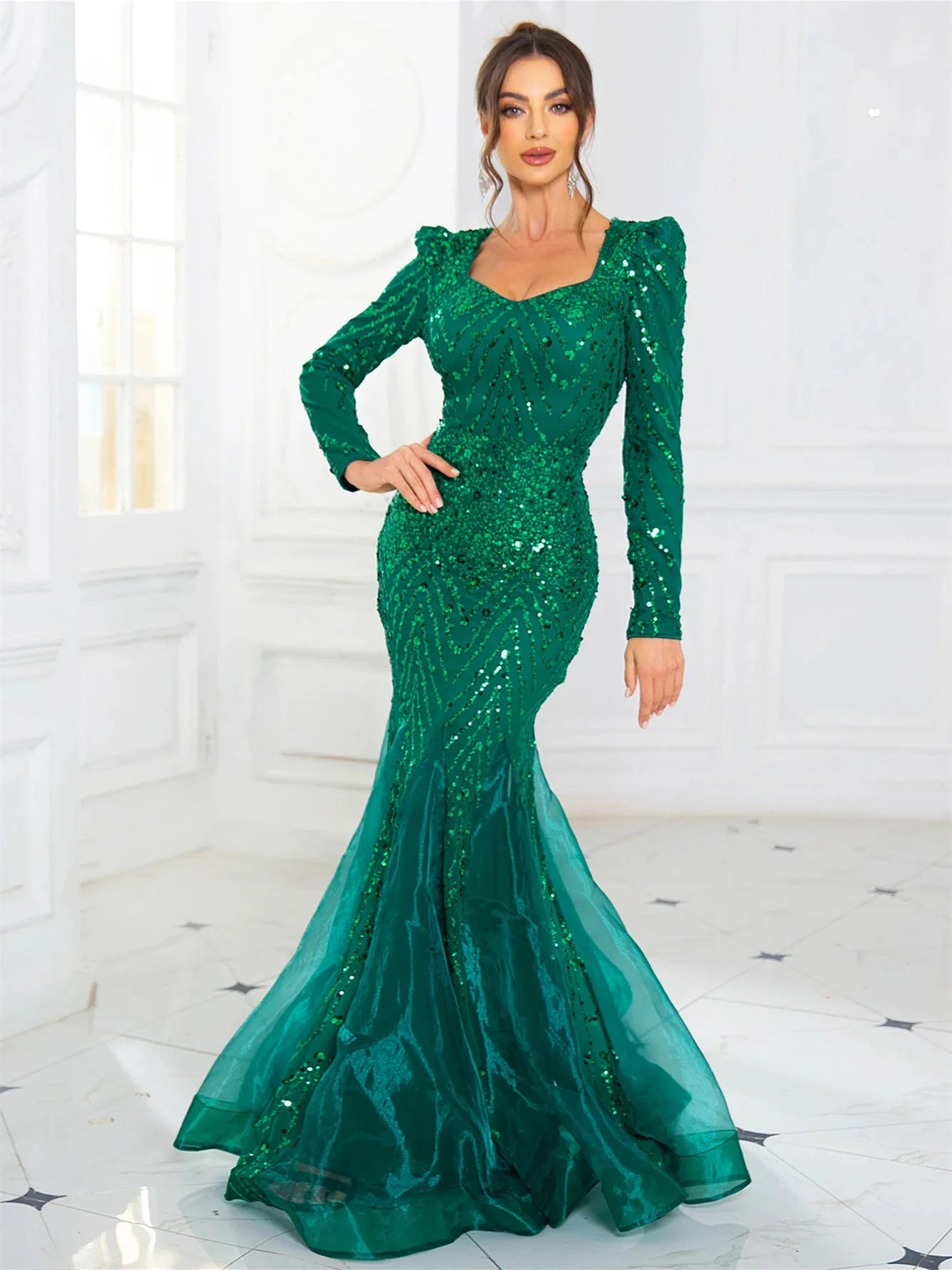 Romagic Long Sleeves Sweetheart Neck A Line Mesh Formal Evening Dress Floor Length Women Prom Party Dresses Winter SHOWLU FASHION STORE