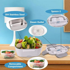 An electric heating lunch box with a stainless steel liner, removable compartment, and spoon.