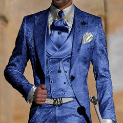 Jacquard men's 3-piece suit including tuxedo jacket, pants, and vest, slim fit, formal wedding or groom party attire.
