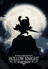 A vertical canvas print featuring a silhouette of the Hollow Knight character against a full moon.